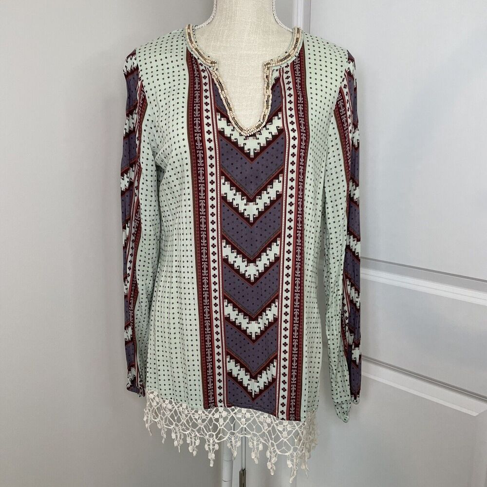 Gimmicks by BKE Beaded V Neck Tunic Crochet Detail Long Sleeve Boho Womens M